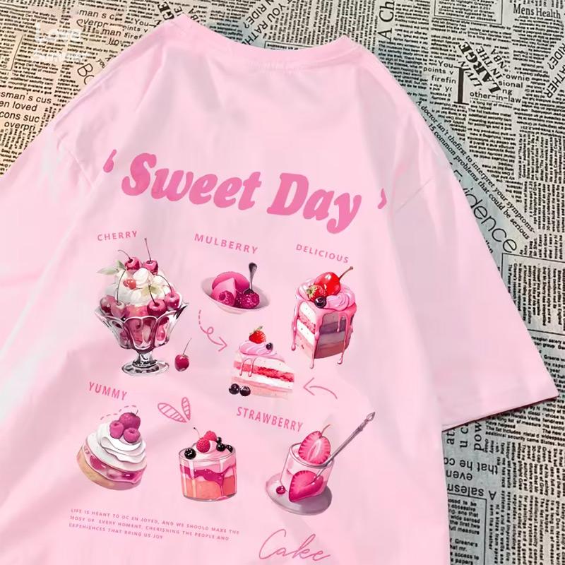 

Уличные хлопковые женские футболки Sweet Day Розовое мороженое торт с принтом уличная одежда мягкие дышащие оверсайз трендовая женская одежда S чёрный