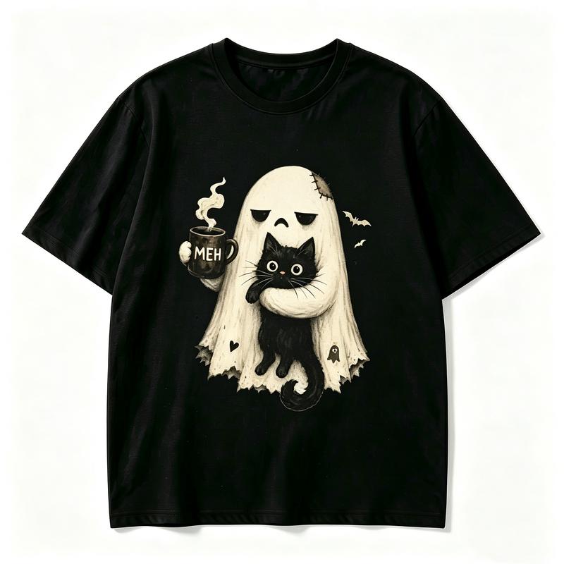 Ghost Black Cat Coffee T Shirt Vintage Retro Red Moon Bat Graphic Tee Halloween Unisex Casual Short Sleeve Pumpkin Season Tops