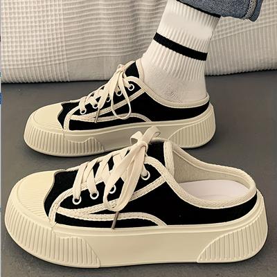 Women's Backless Canvas Sneakers, All-Match Round Toe Slip On Shoes, Casual Chunky Slip On Shoes