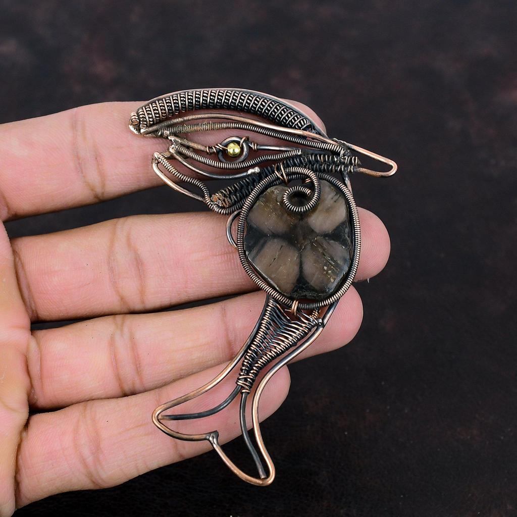 Chiastolite Pendant Copper Wire Wrapped Pendant Fish Design Pendant Handmade Copper Jewelry Gemstone Pendant Wire Wrapping Jewelry For Gift