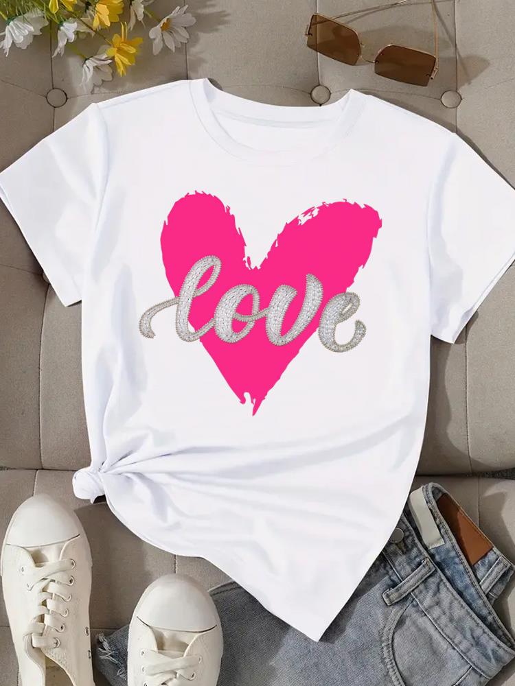 (Asian Size) Flower Love Trend 90s Women Clothing T Shirt Woman Top Fashion Female Short Sleeve Graphic T-shirts Print Tee