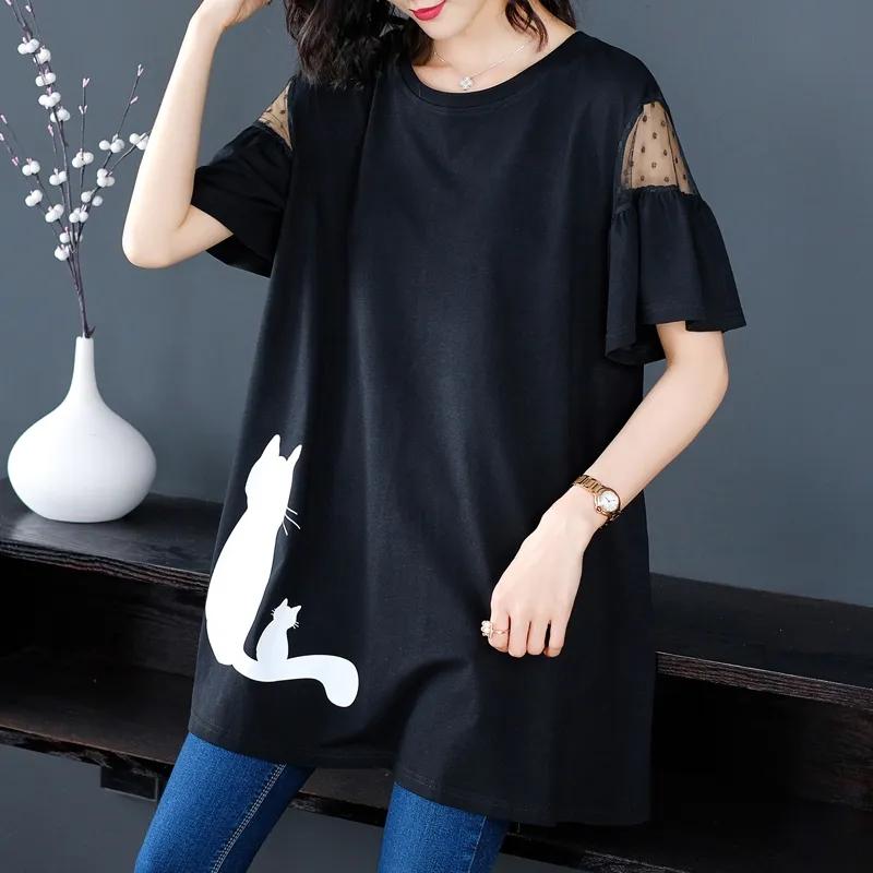 

Женская футболка средней длины с короткими рукавами, летние свободные верхние аксессуары XXXXL чёрный