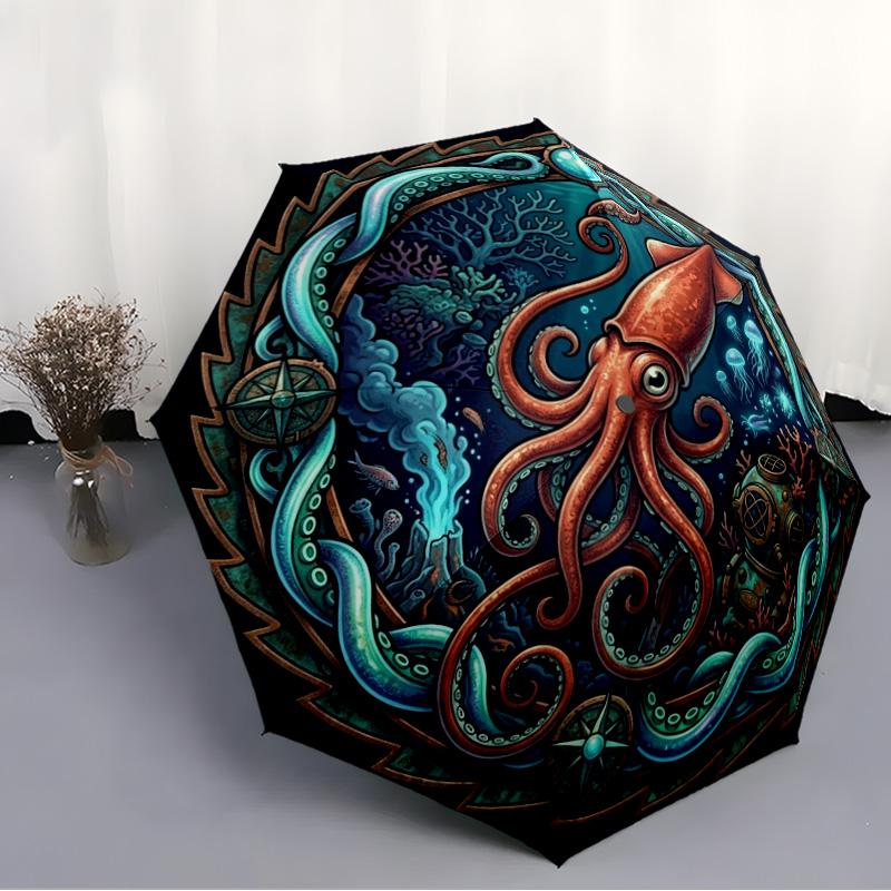 Ocean Mystery Squid pattern umbrella, portable and foldable design, 8 ribs, a casual accessory for Halloween, Christmas, and birthday gifts.