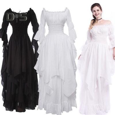 Dame ballkjole off-skulder gotisk lange horn-ermer Uregelmessig lagdelt plisserte elastisk stram midje Ensfarget retro renessanse Fest Prom Maxi
