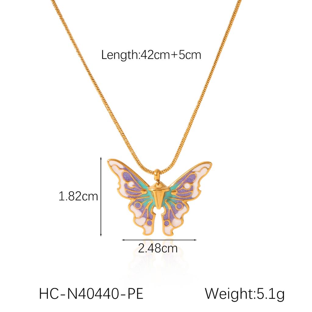 French Light Luxury Retro Colorful Drip Oil Butterfly Pendant Necklace for Women Fashionable Elegant Titanium Steel Snake Chain