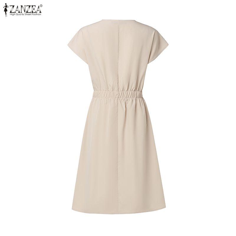 ZANZEA נשים קז'ואל צווארון V בצבע אחיד שמלת שרוול קצר