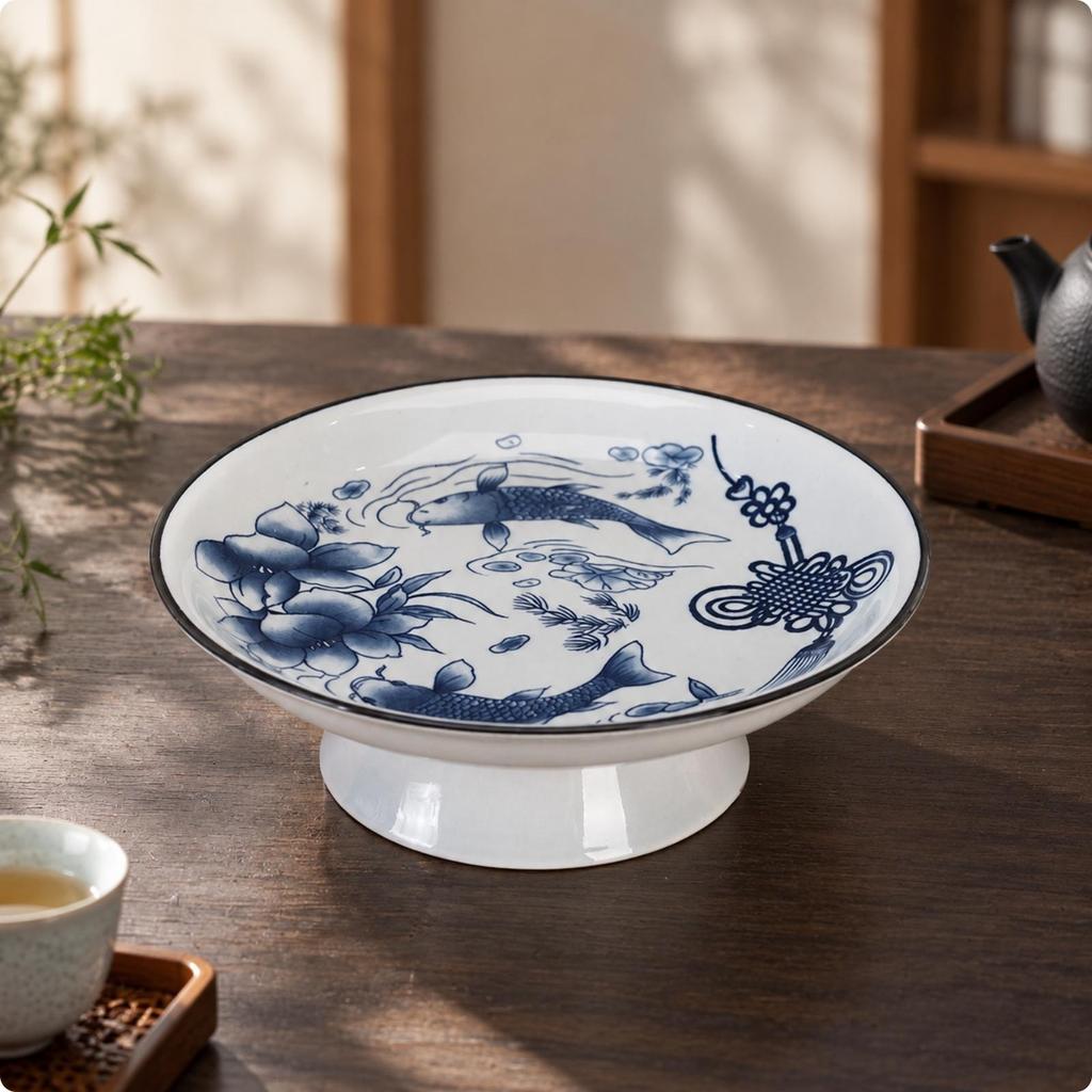 Ceramic Fruit and Snack Serving Plate with Pedestal Base Decorative Koi Fish