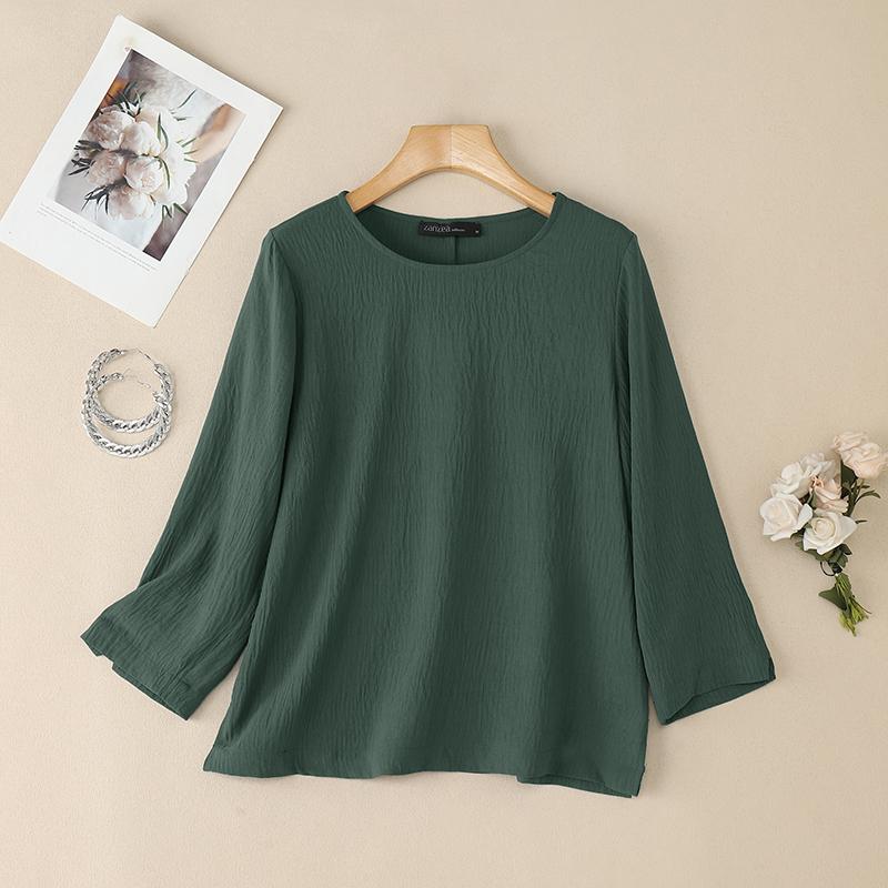 ZANZEA Women Casual Round Neck Solid Color Loose 3/4 Sleeve Blouse