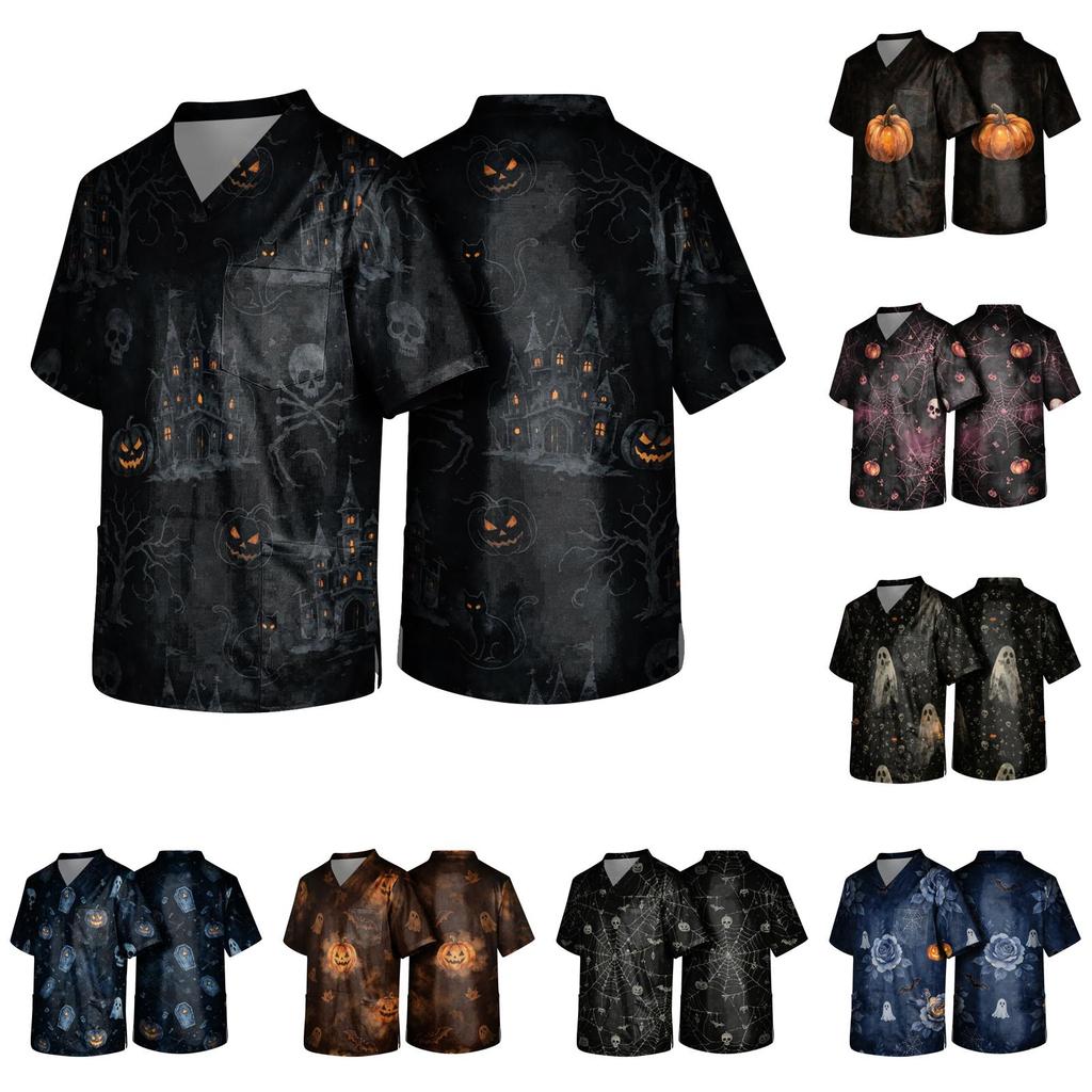 Men's Halloween Print Medical Scrub Top V Neck Tie Pocket Comfortable Fit Workwear for Healthcare Professionals Daily Use