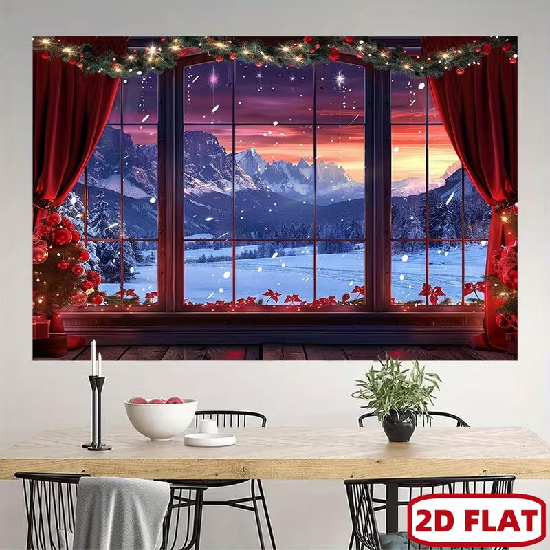 2D Christmas Sunset Window Backdrop Snowy Mountain Scenery Studio Background