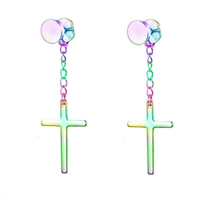 WKOUD 2PCS Stainless Steel No Piercing Cross For Men Kpop Clip On Cross Earring Gothic Punk Fake Ear Cuff Cross Earring Dangle