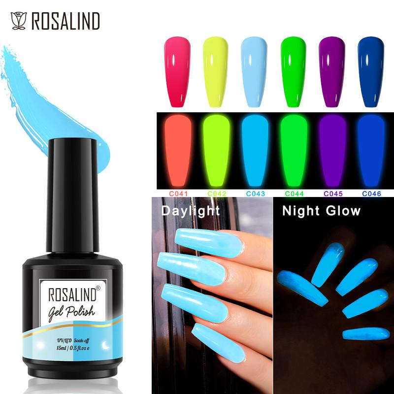 ROSALIND 6 Colors Night Glow Gel Polish Soak Off LED/UV Lamp Luminous Effect Base Top Coat For Nail Art Design