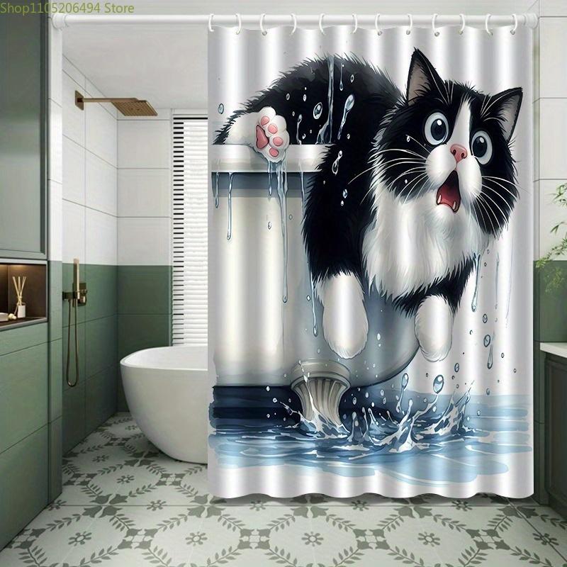Jit1Pc Bathtub Cat Pattern Print Shower Curtain, High-End Elegant And Convenient Installation Bathroom Curtain, Suitable For H