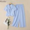 ZANZEA Women Short Sleeve Blouse and Pants Summer Stripe Print Two Piece Sets