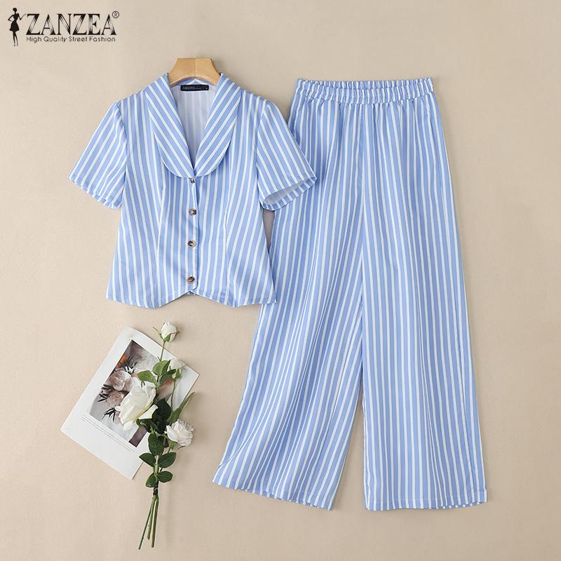 ZANZEA Women Short Sleeve Blouse and Pants Summer Stripe Print Two Piece Sets