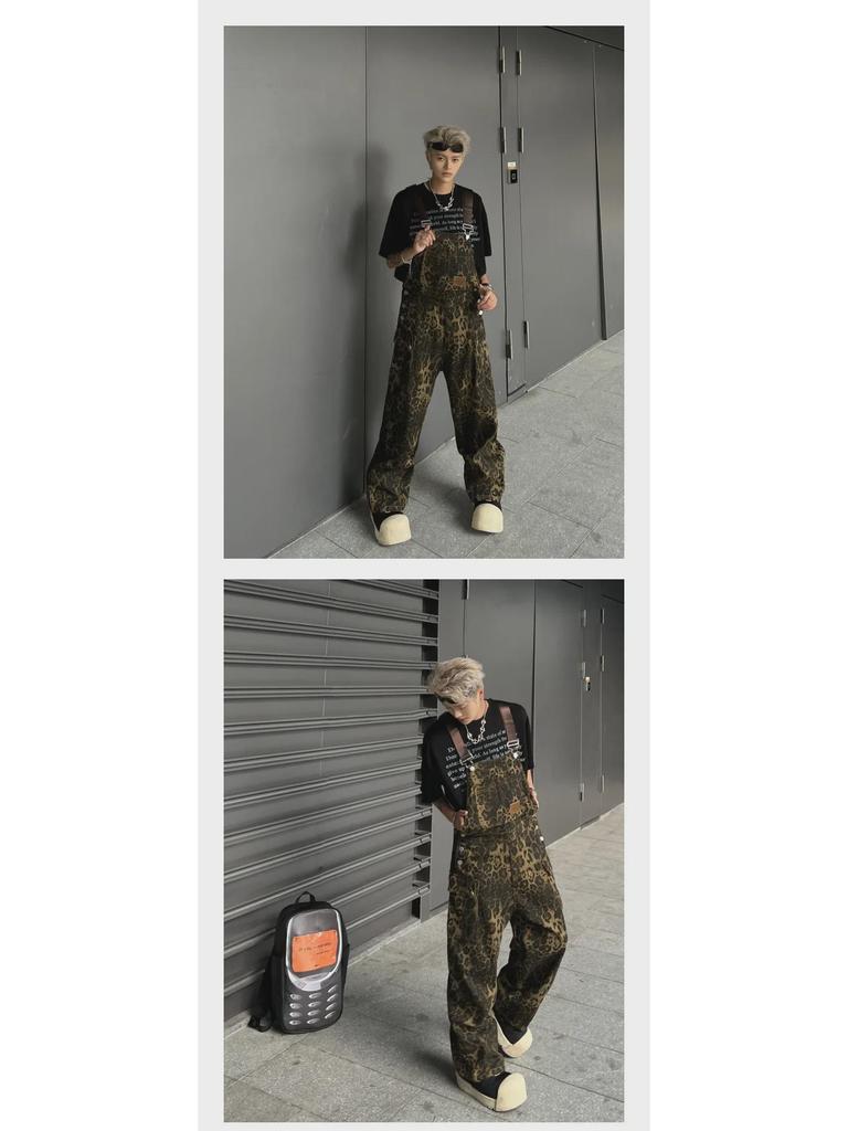 Unisex Retro Leopard Print Denim Overalls - Trendy, Loose-Fit American-Style Jumpsuit