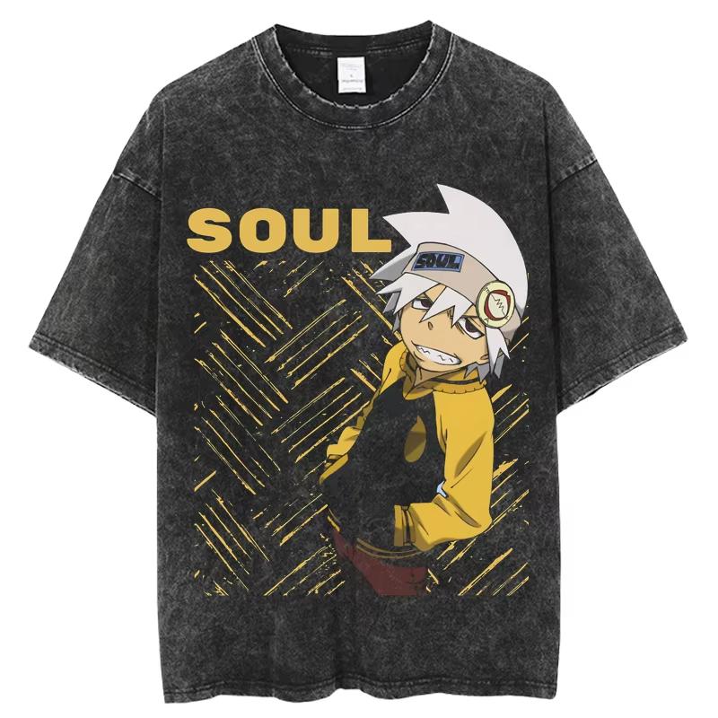 Japan Anime Soul Eater Printed T Shirt Men Washed Cotton Tshirts Casual Loose Manga Tee Harajuku Male Street Vintage T-shirt Top