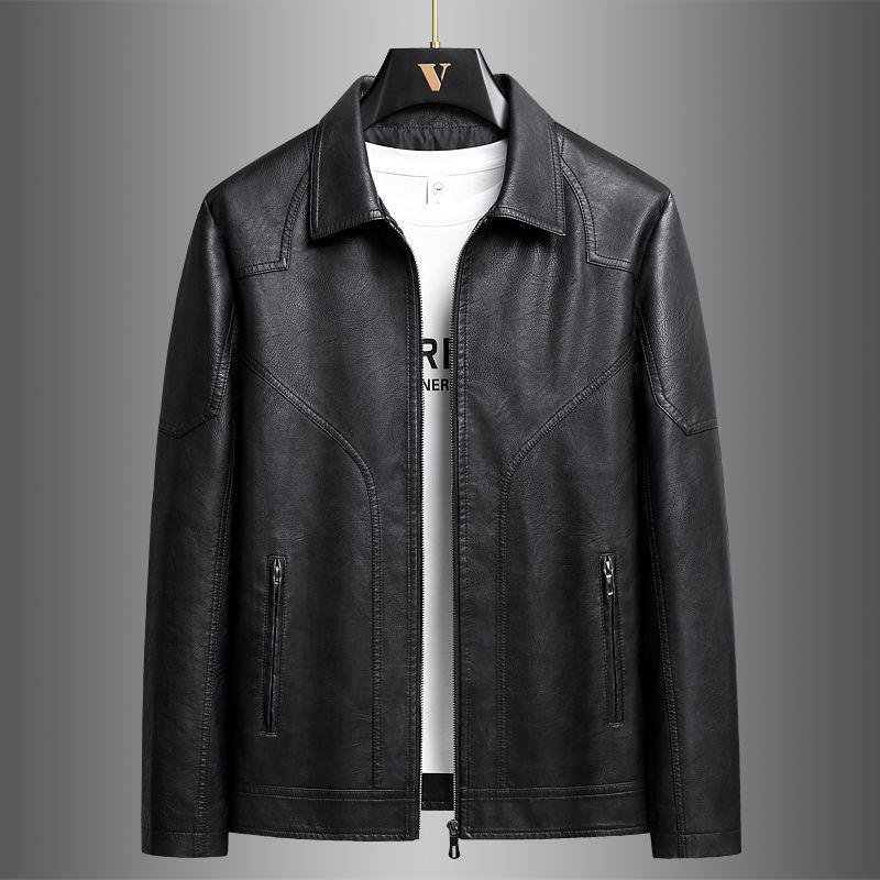Men's Thickened Fleece-Lined Motorcycle Leather Jacket – Plus Size Lapel Design for Spring & Autumn