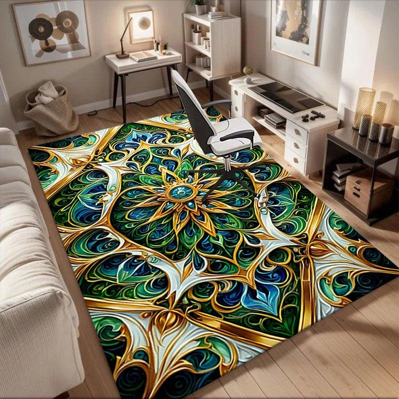 

Golden Mandala Artwork: Vibrant Green & Blue Decorative Pattern Office Mat Home Decor Office Desk Chair Rugs Chair Carpet for office Chair 60cm by 90cm