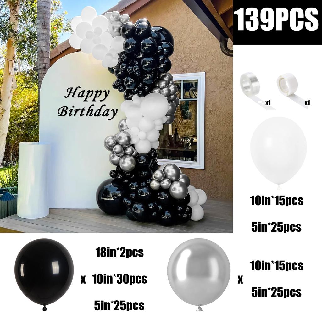 139-teiliges schwarzes, weißes und silbernes Latexballon-Set, geeignet für Geburtstagsfeiern, Hochzeiten, Valentinstags-Partydekorationen