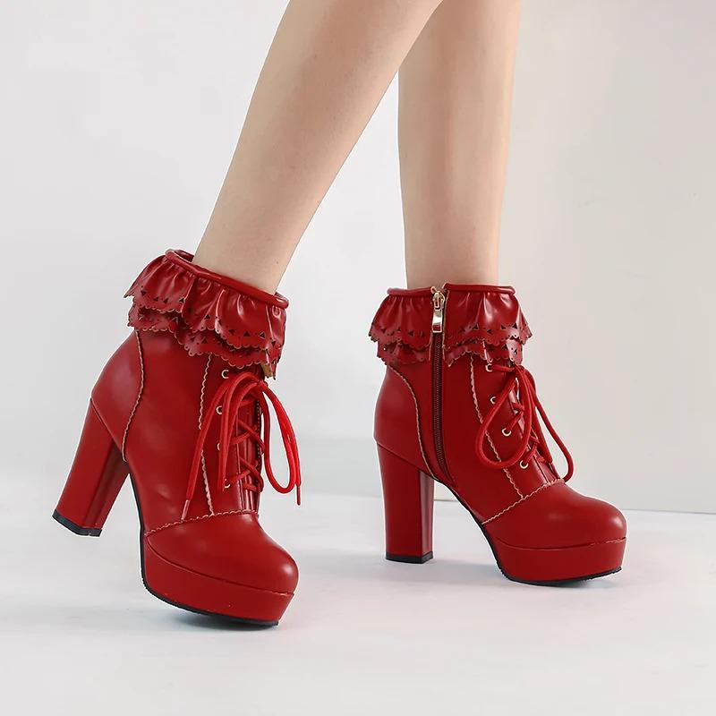 Fashion Autumn Winter Women Lolita Boots Japanese Sweet Faux Leather Shoes Ruffle Trim Lace Up Princess Lolita Cosplay Mid Calf Boots