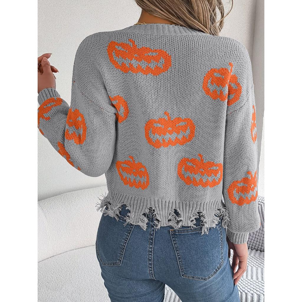 QICED Autumn Winter Halloween Color-blocking Pumpkin Cut-up Long-sleeved Pullover Sweater Women's Clothing