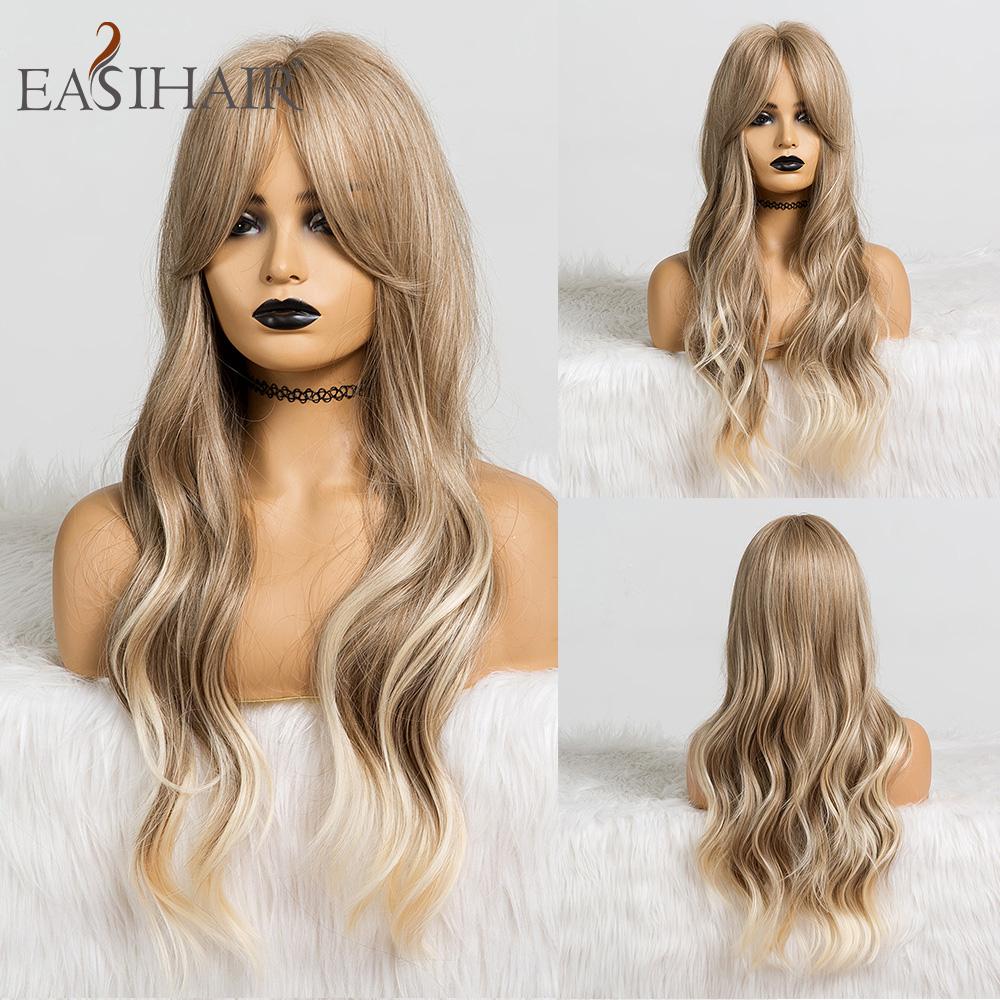 EASIHAIR Long Blonde Synthetic Wigs with Bangs Natural Wavy Hair Wig for Women Daily Cosplay Wig Heat Resistant Fiber