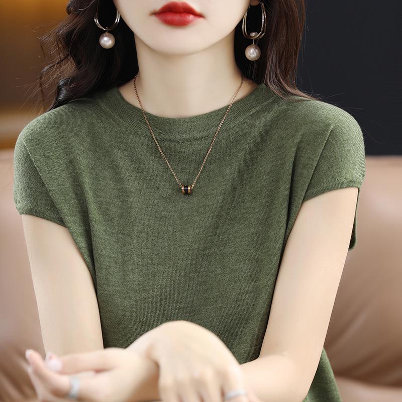 Dámský letní vlněný pletený top s krátkým rukávem a kulatým výstřihem