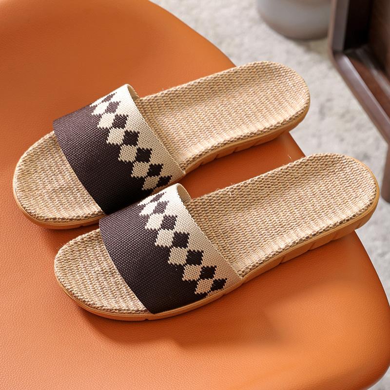 Women Men Block Linen Indoor and Outdoor Home Wooden Floor Tiles Slip Summer Four Seasons Linen Open Toe Straw Straw Slippers