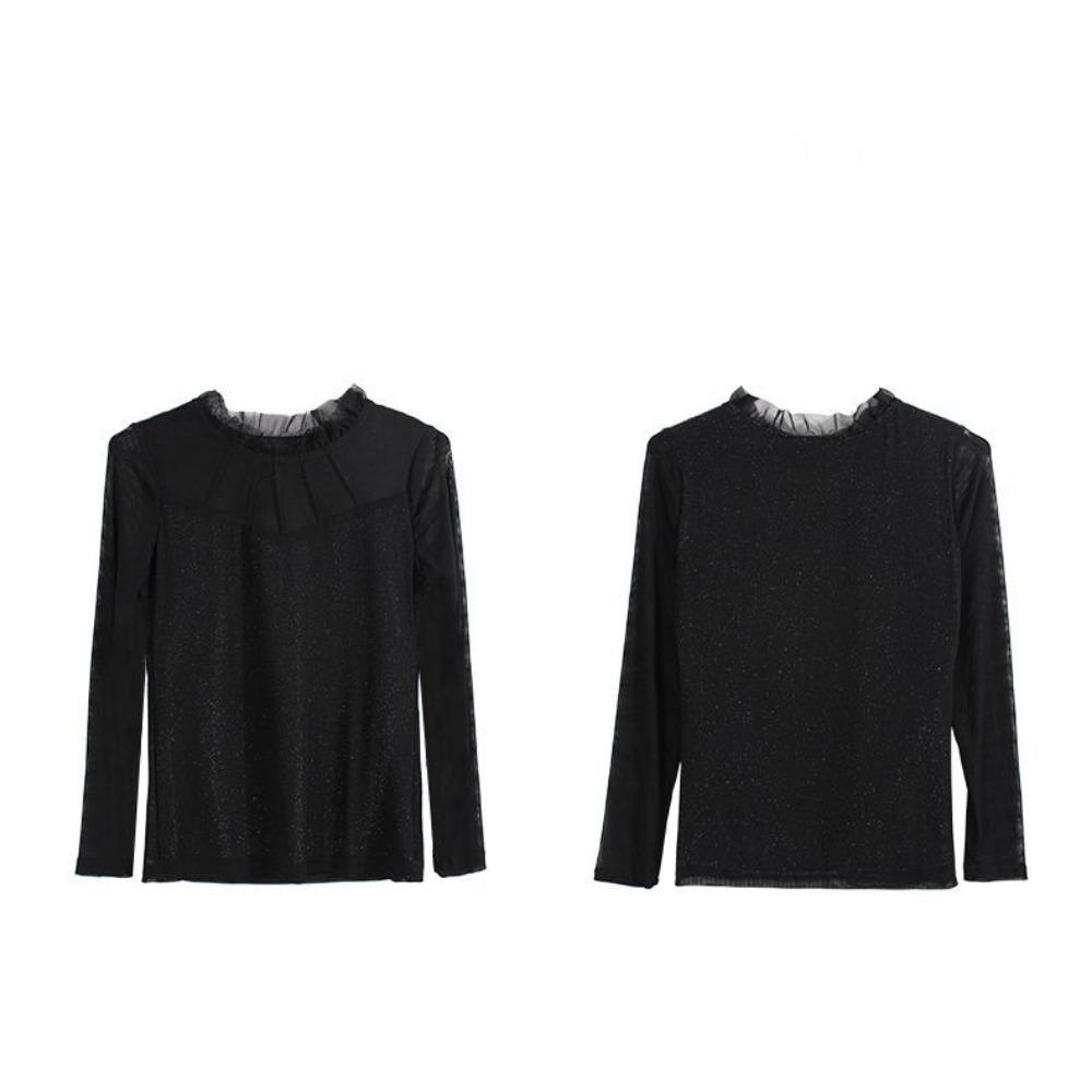 Black Mesh Long-sleeved Base Shirt  Women with Fashionable Tops  Women with T-shirts
