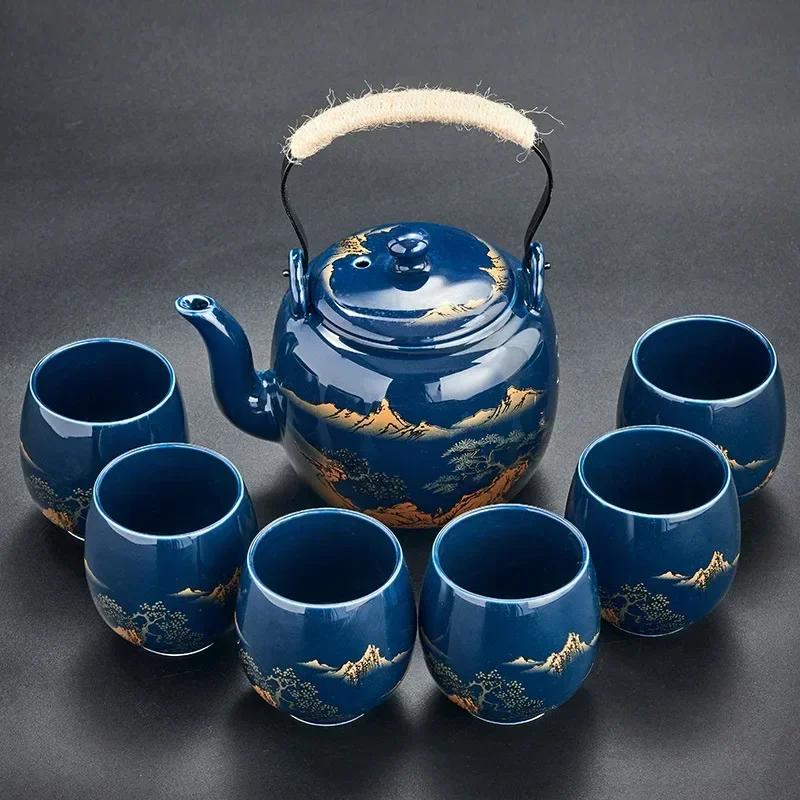 7-Piece Set Japanese Style Ceramic Tea Set Black Glazed Teapot With Tea Strainer Simple Teacup Home Office Gift Tea Service