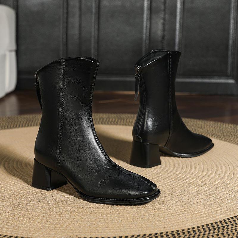 Thick heel short boots women's 2024 new medium boots diagonal brown French small short boots square head high heel thin boots