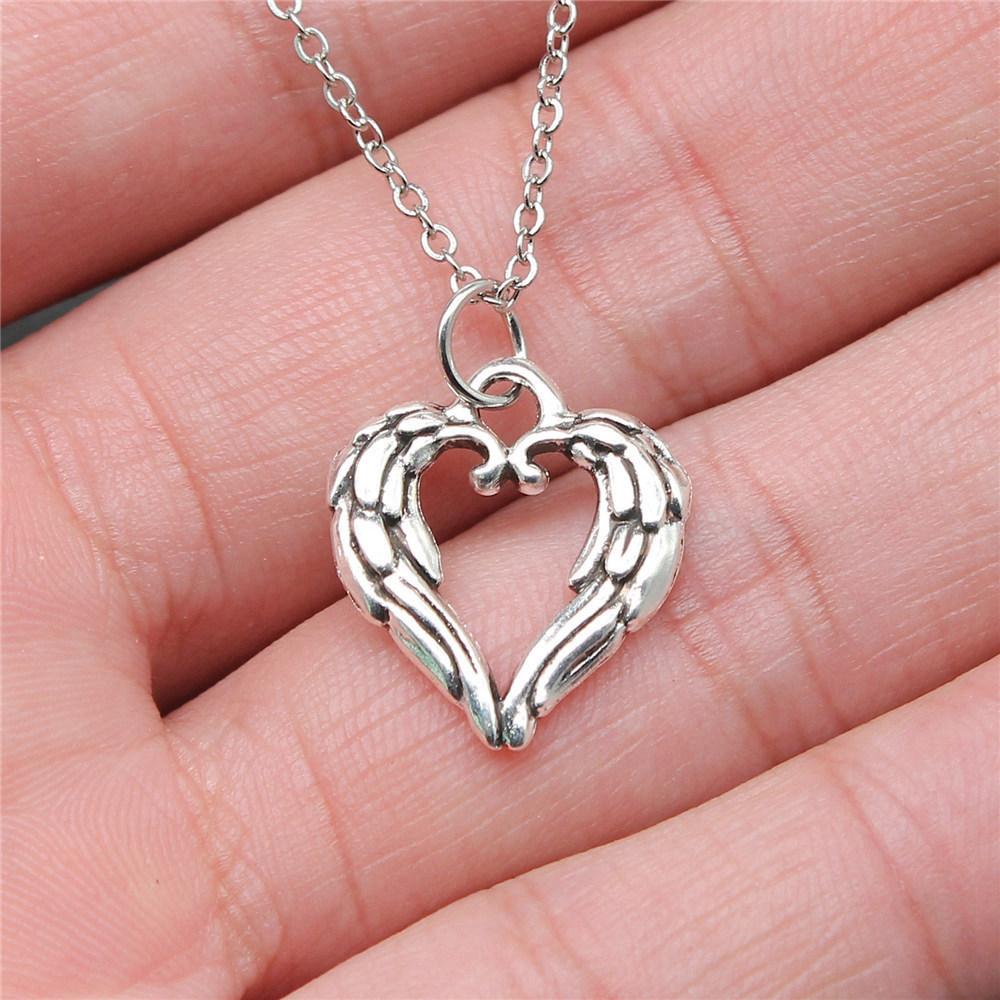 Peach Heart Angel Wings Sweet Pendant Antique Silver Metal Boys Collar Necklace High Quality Gift