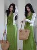 Er Yang Design French Floral Green Halter Neck Maxi Dress, V-neck Sleeveless Long Dress for Women