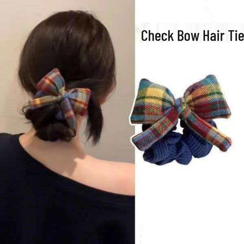 High-End Women's Rainbow Plaid Bow Hair Tie for Autumn/Winter 2025 - Perfect for Ball Buns & Low Ponytails