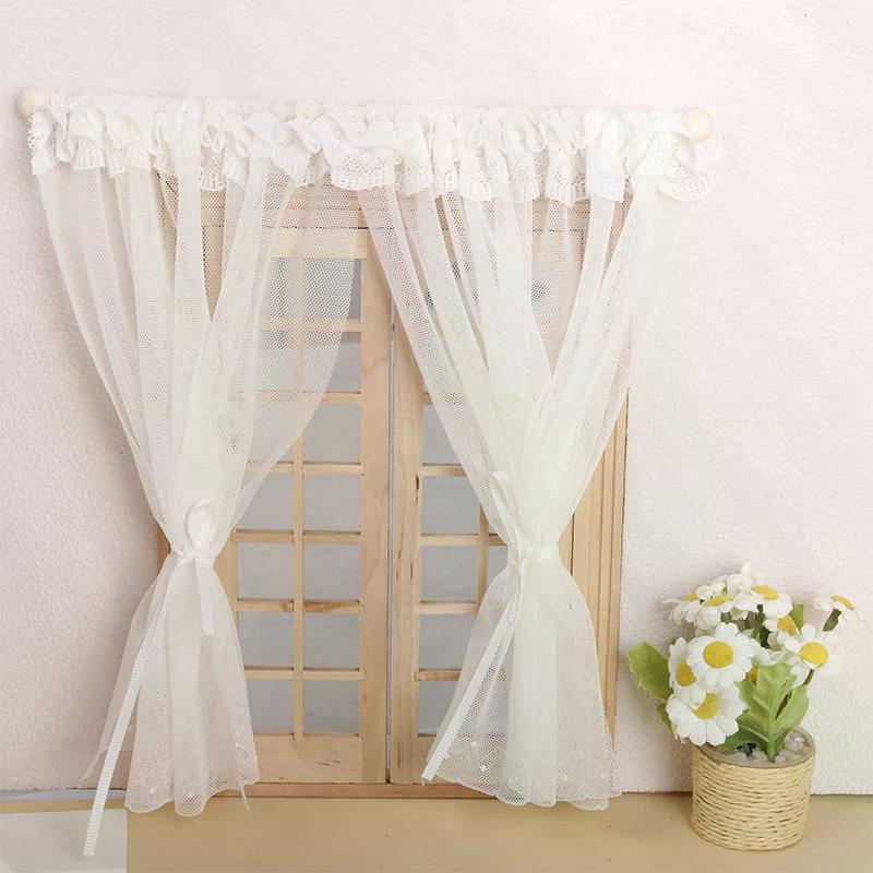112 Dollhouse Miniature Curtain White Fabric Lace Door Curtain Window Decor Model Bedroom Living Room Furniture Decor Toy