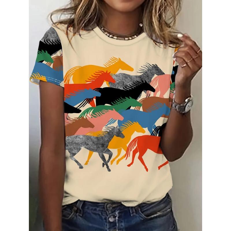 Summer Round Neck 3D Cat Print Top Fashionable Casual Short Sleeved Women's T-shirts