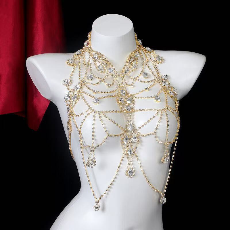 European and American jewelry, fashionable multi-layer rhinestone chest chain, sparkling crystal pendant bra necklace, brooch, sexy jewelry