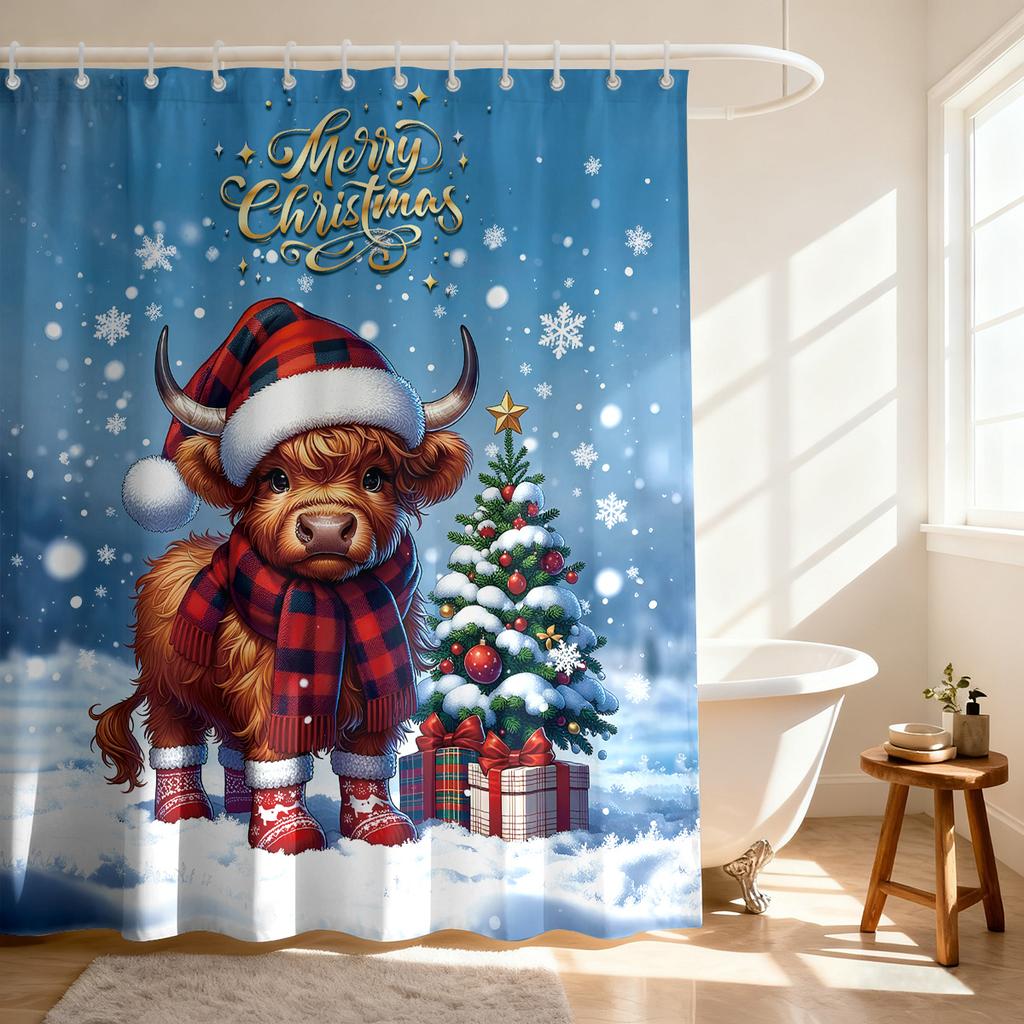 1pc Christmas Highland Cow Print Waterproof Shower Curtain Partition Privacy Hanging Curtain with 12 Hooks Multiple Sizes