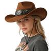 Western cowboy hat for men and women, faux suede, distressed with metal rivets, wide brim, outdoor riding sun protection hat