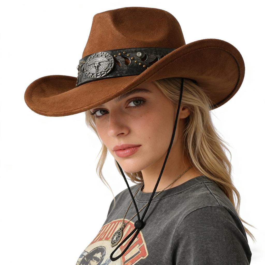Western cowboy hat for men and women, faux suede, distressed with metal rivets, wide brim, outdoor riding sun protection hat