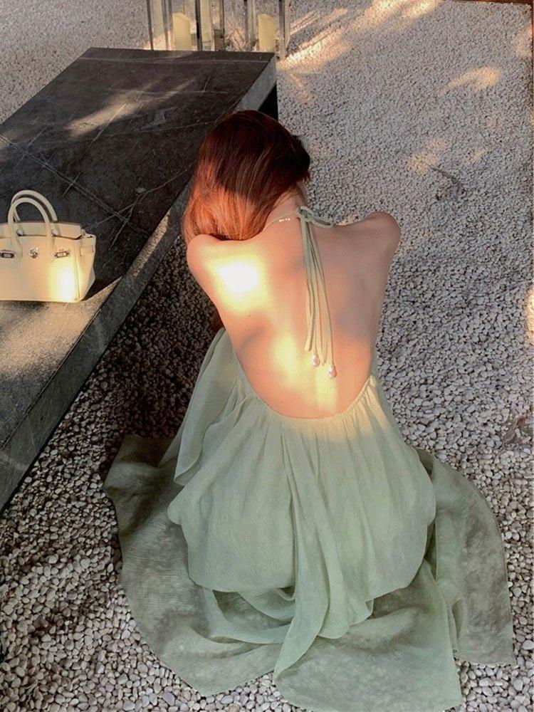 French Halterneck Backless Camisole: Fairy Summer Beach Dress
