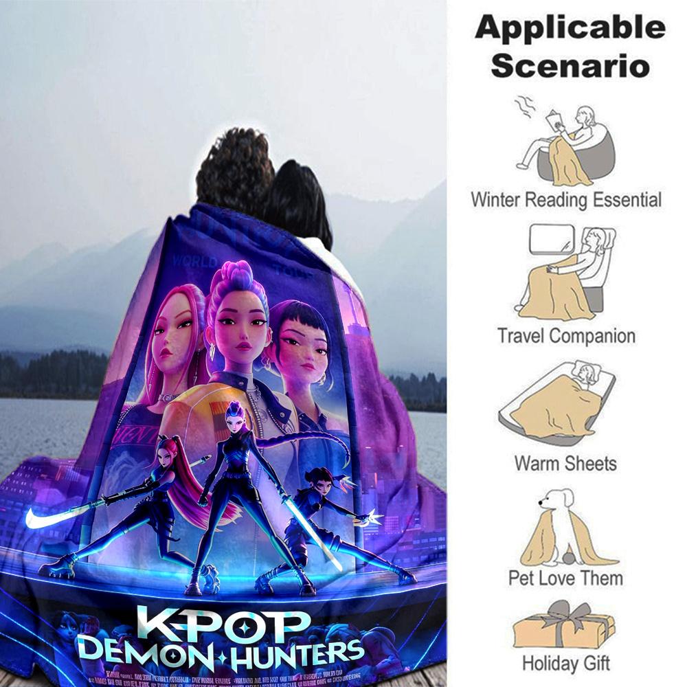 Kpop Demon Hunters Flannel Blanket Super Soft Warm Cozy Blanket For Sofa Bed Office Travel Allseason Home Decor Gift