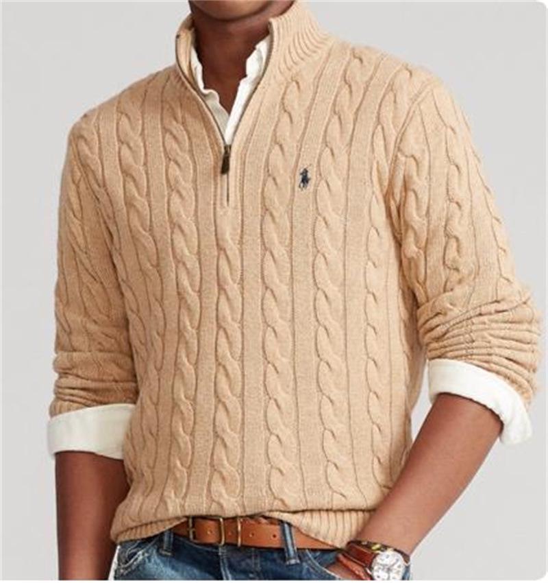 Paul Herren Polo-Pullover aus Kabelstrickwolle und Baumwolle mit halbem Reißverschluss, halbem Stehkragen, kleinem Pferde-Logo, Langarm