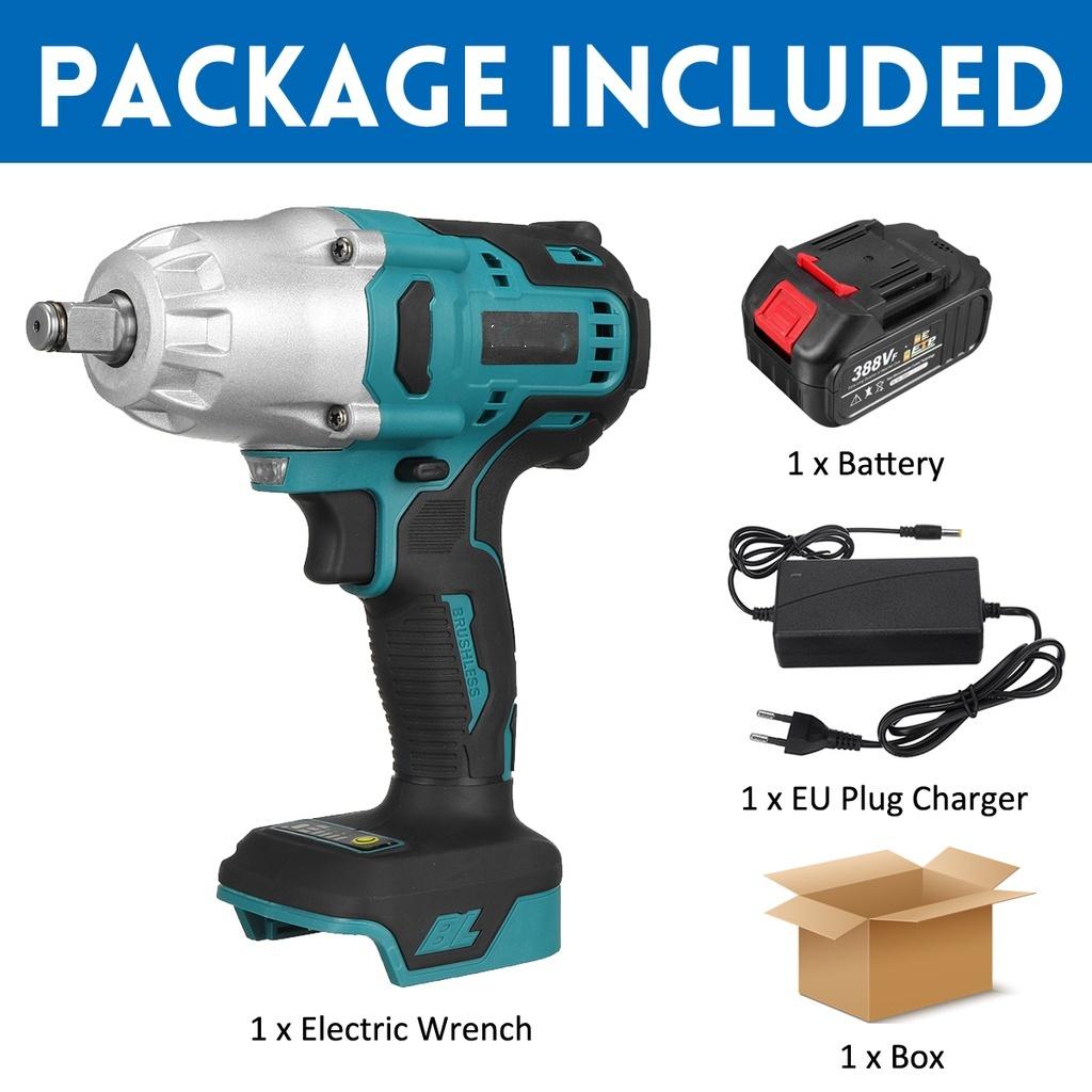 High Torque 800N.m Cordless Brushless Electric Impact Wrench 388VF1/2 Inch Power Tools with 2pcs 3.0AH Rechargeable Battery