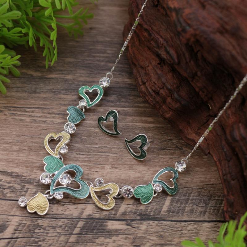 New enamel color hollow love stud earrings necklace set women's fashion high sense heart necklace