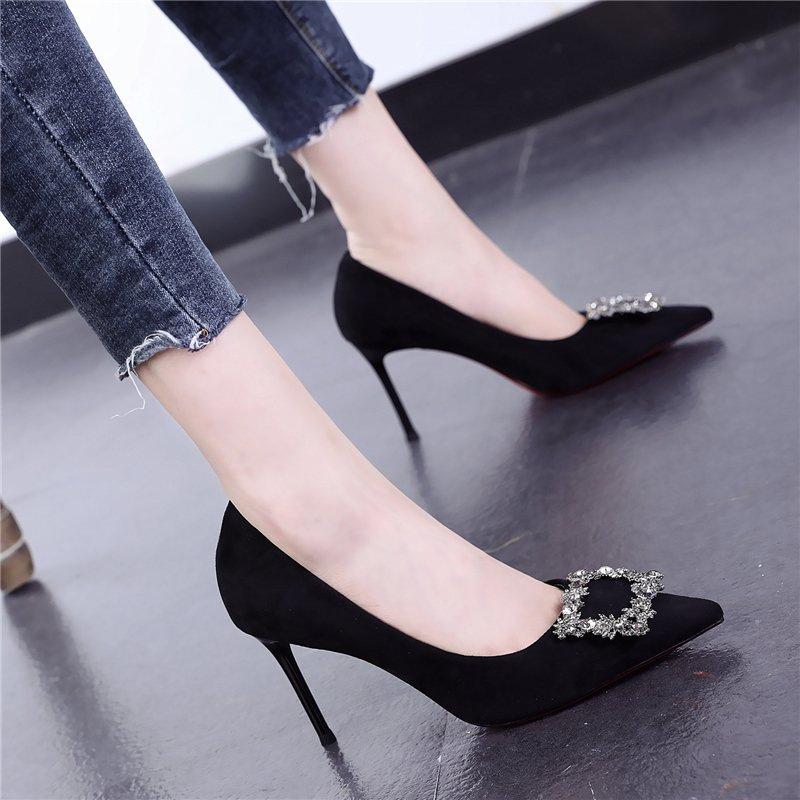 spring autumn new Versatile Pointed Thin high heels Women Mid Heeled pumps Square Buckle Elegant black high heels Shoes Womens