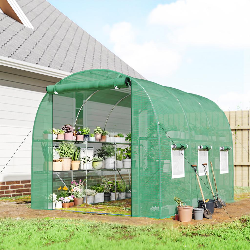Walk-in Greenhouse with Shelves, Polytunnel Greenhouse with Roll-Up Door, 6 Mesh Windows,198 X 275 X 191 Cm, Green