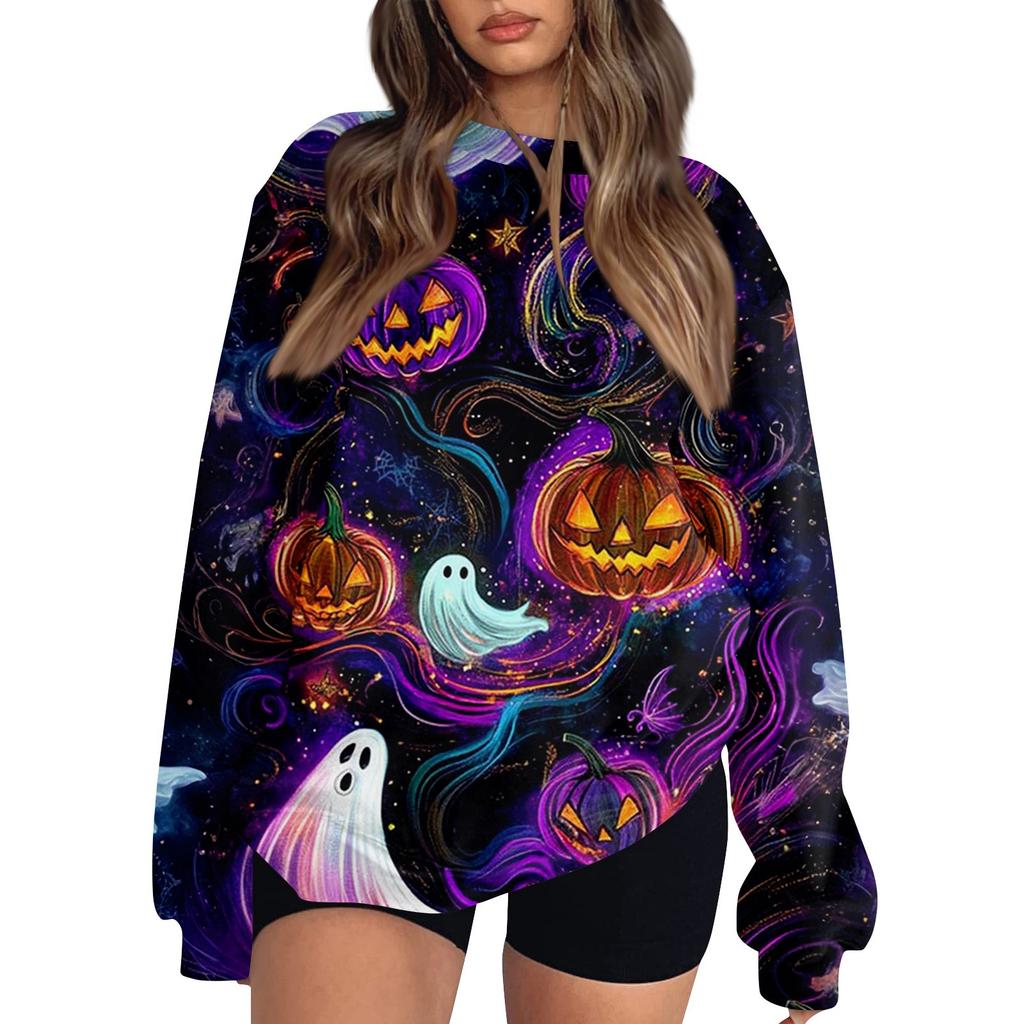 Women's Fashion Casual Long Sleeve Halloween Printed Neck Sweatshirt Top