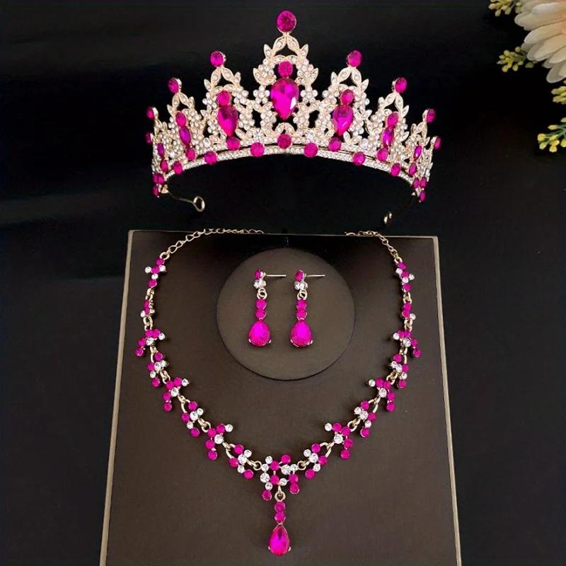 3pcs/set Crystal Bridal Tiaras And Crowns Earrings Necklace Jewelry Set For Women Bride RhinestoneWedding Hair Accessories Crown